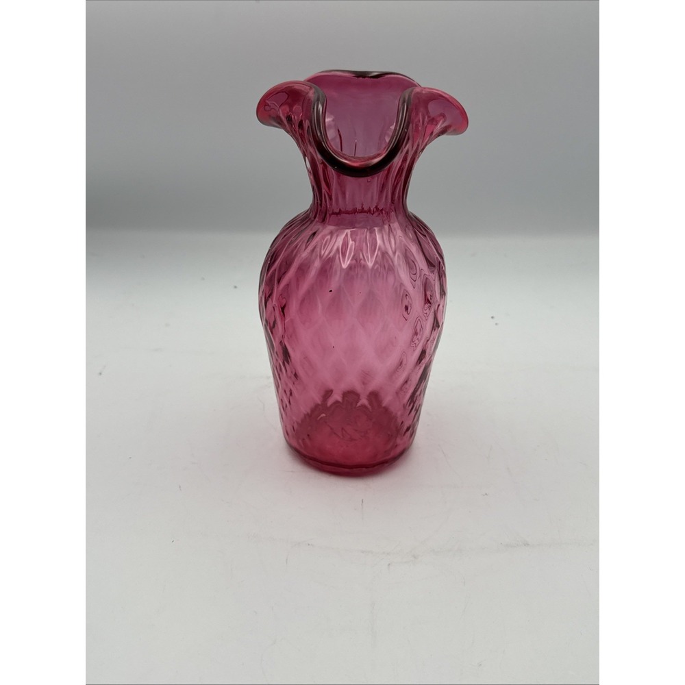 Vintage Hand Blown 8" Cranberry Glass Vase w/ Scalloped Rim & Diamond Pattern - Picture 12 of 14